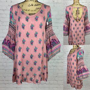True Destiny Crinkly Floral Strappy Back Bell Sleeve Dress